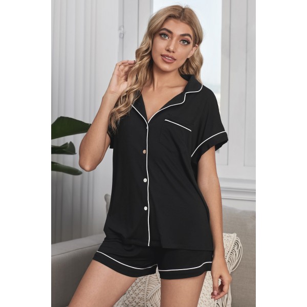 Black Buttoned Short Sleeve Shirt and Shorts Pajamas Set