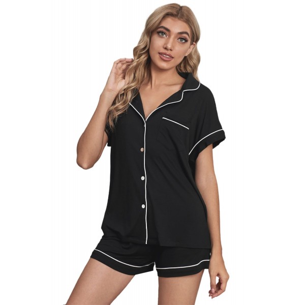 Black Buttoned Short Sleeve Shirt and Shorts Pajamas Set