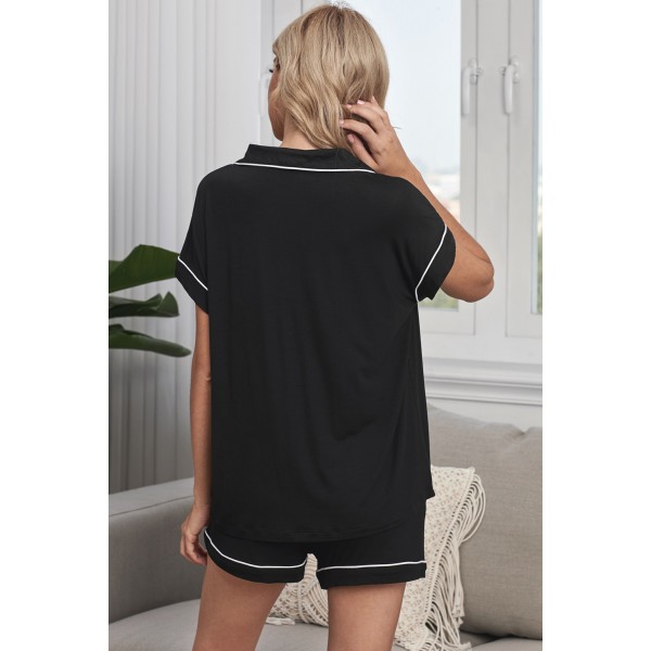 Black Buttoned Short Sleeve Shirt and Shorts Pajamas Set