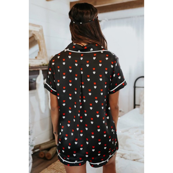 Black Hearts Print Satin Short Sleeve Shirt and Shorts Pajama Set