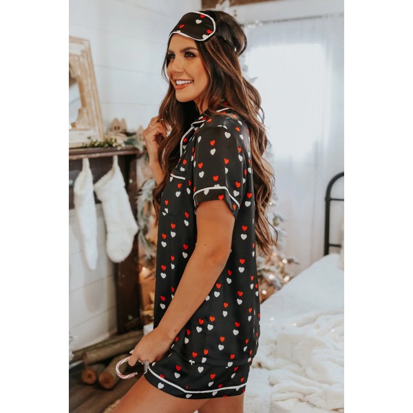 Black Hearts Print Satin Short Sleeve Shirt and Shorts Pajama Set