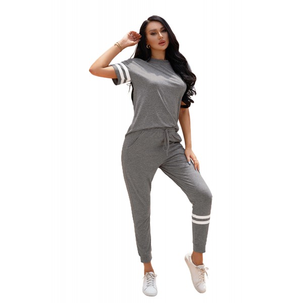 Gray Striped Accent Short Sleeve and Joggers Set