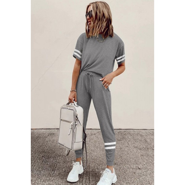 Gray Striped Accent Short Sleeve and Joggers Set