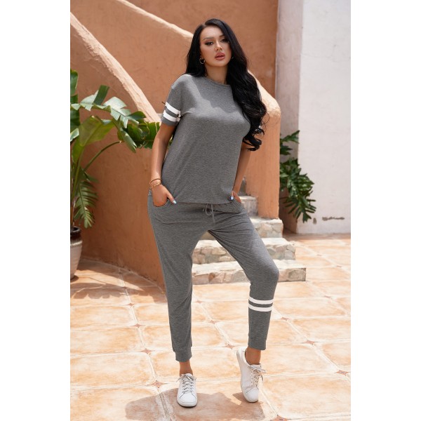 Gray Striped Accent Short Sleeve and Joggers Set