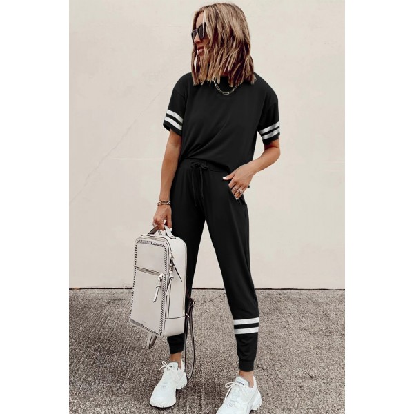 Black Striped Accent Short Sleeve and Joggers Set