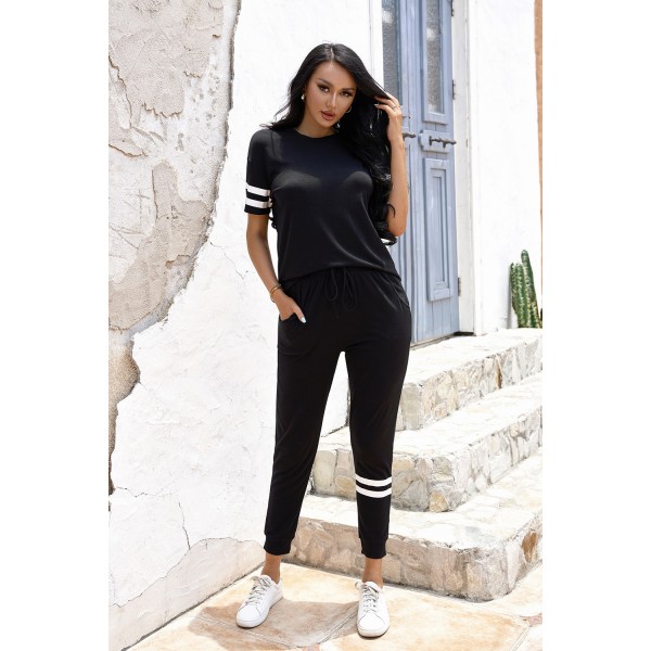 Black Striped Accent Short Sleeve and Joggers Set