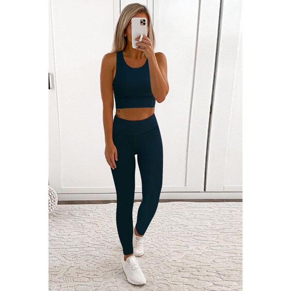 Blue Crop Yoga Bra and High Waist Leggings Sports Wear