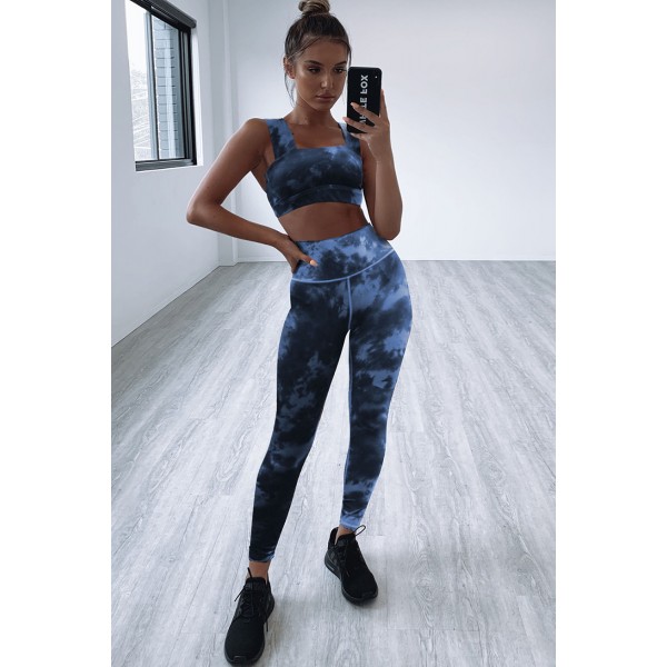 Blue Tie-dye Print Yoga Bra and Leggings Set