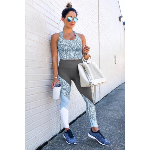 Gray Leopard Colorblock Splicing Sports Workout Tank and Leggings Set