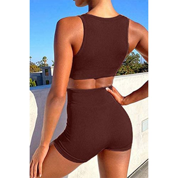 Brown Seamless U-Neck Top and Shorts Yoga Gym Sports Wear