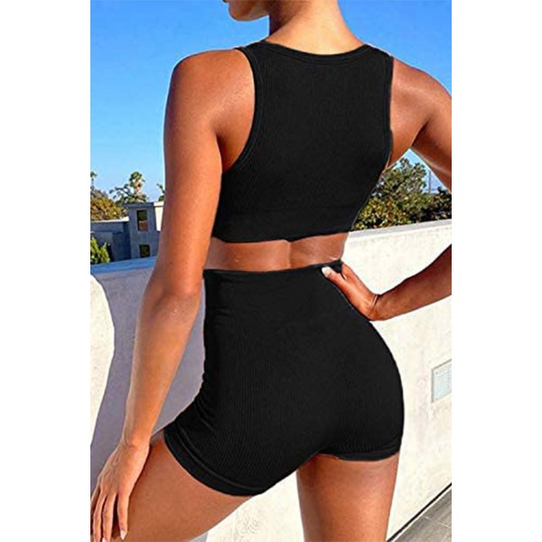 Black Seamless U-Neck Top and Shorts Yoga Gym Sports Wear