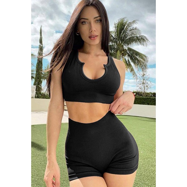 Black Seamless U-Neck Top and Shorts Yoga Gym Sports Wear