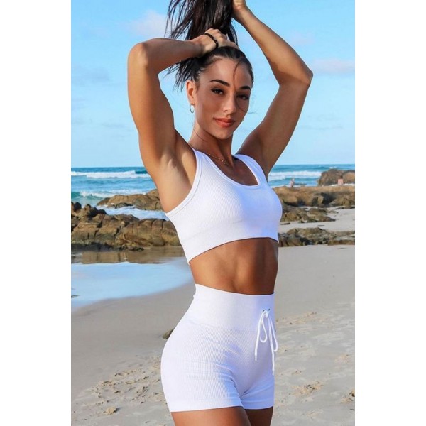 White Ribbed Knit Sports Bra and High Waist Shorts Yoga Set