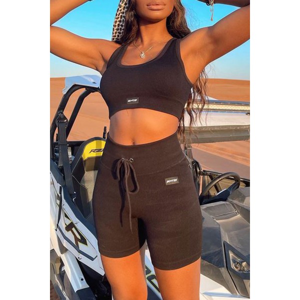 Black Ribbed Knit Sports Bra and High Waist Shorts Yoga Set