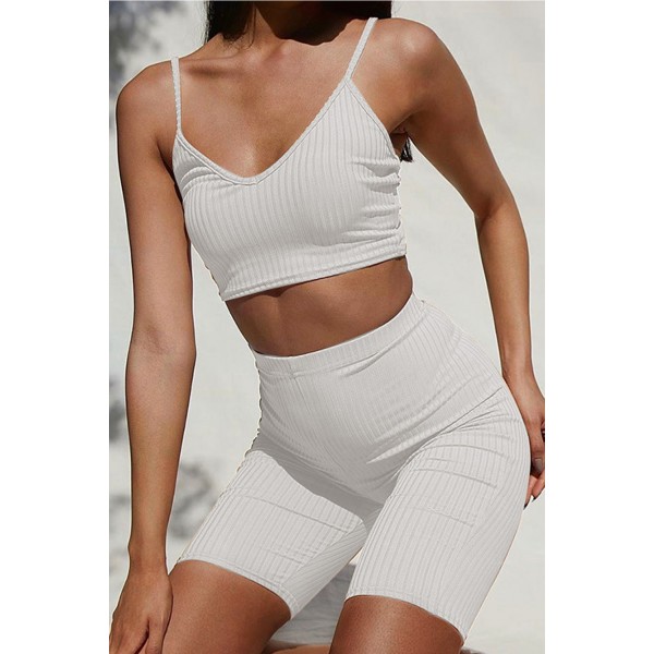 White Two-piece Bra and Leggings Ribbed Knit Yoga Sports Wear