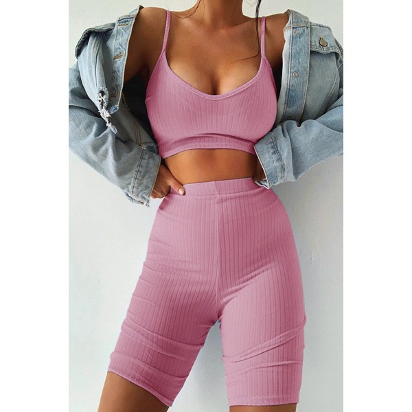 Pink Two-piece Bra and Leggings Ribbed K...