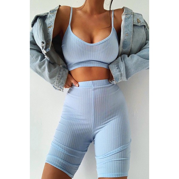 Blue Two-piece Bra and Leggings Ribbed Knit Yoga Sports Wear