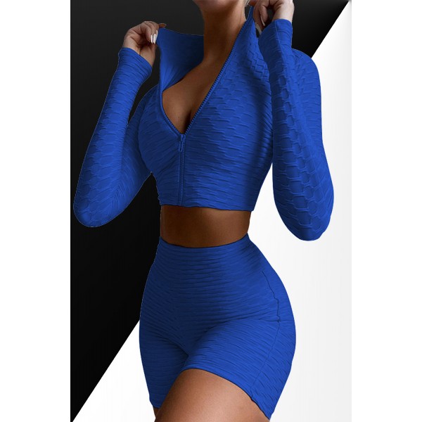 Blue Two-piece Solid Zipper Up Workout S...