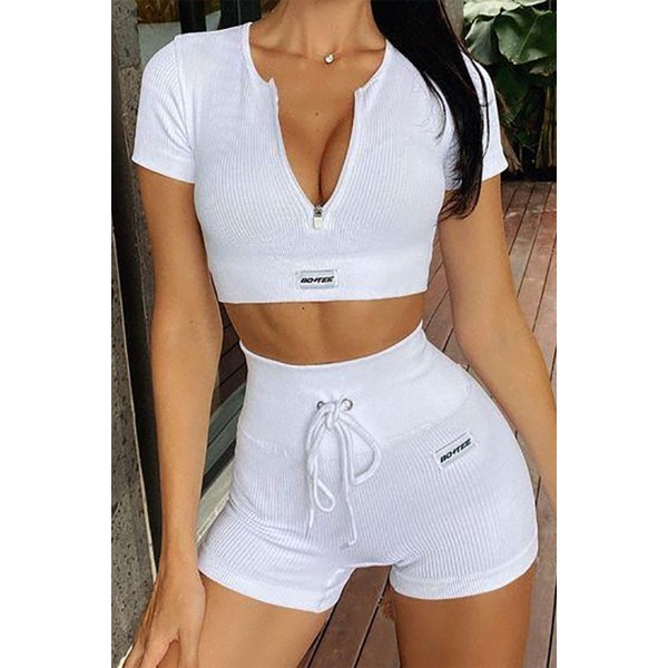 White Zipped Ribbed Knit Crop Top and Shorts Sports Wear