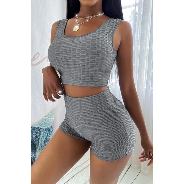 Gray Bubble Texture U Neck Top & Shorts Set