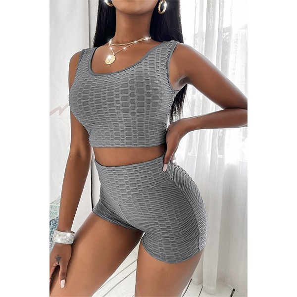 Gray Bubble Texture U Neck Top & Shorts ...