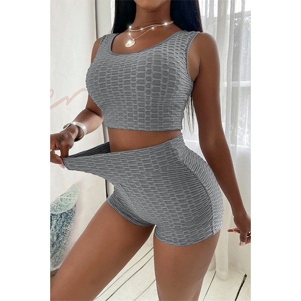 Gray Bubble Texture U Neck Top & Shorts Set