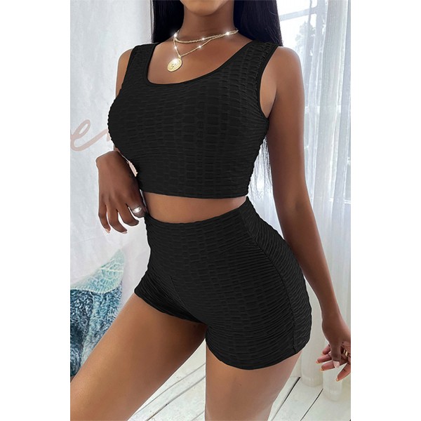 Black Bubble Texture U Neck Top & Shorts...