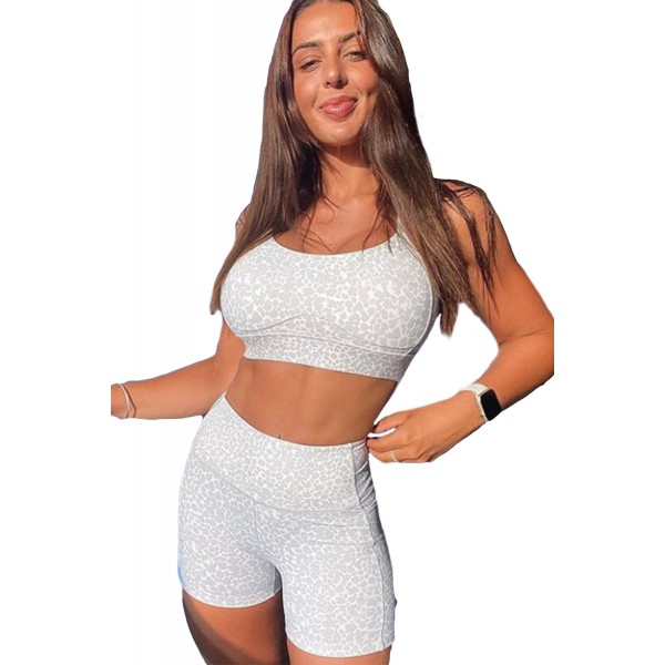 White Leopard Print Sports Bra and Yoga Shorts Set