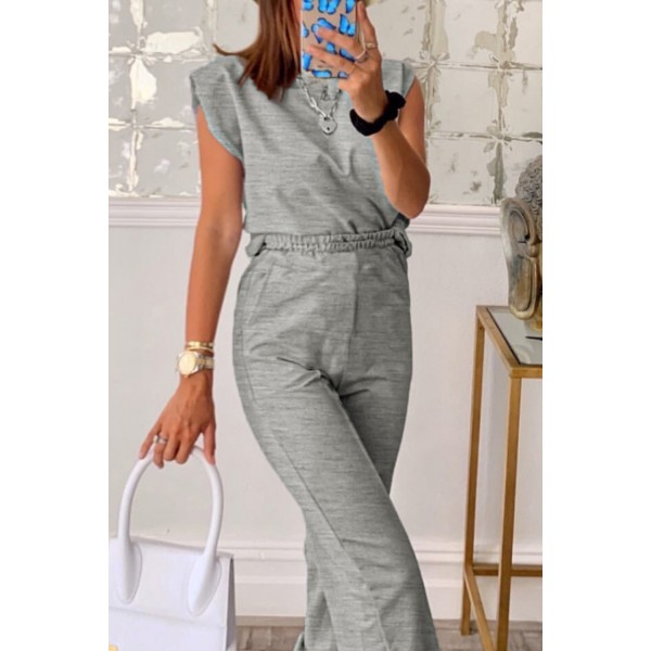 Gray Casual Knitted Sleeveless and Pants Set