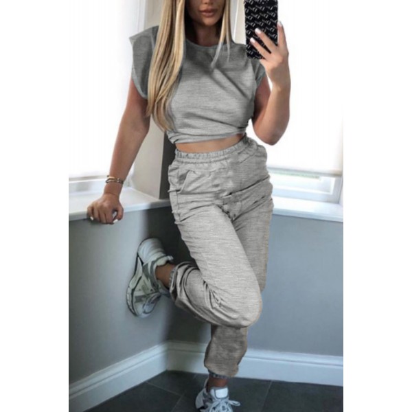 Gray Casual Knitted Sleeveless and Pants Set