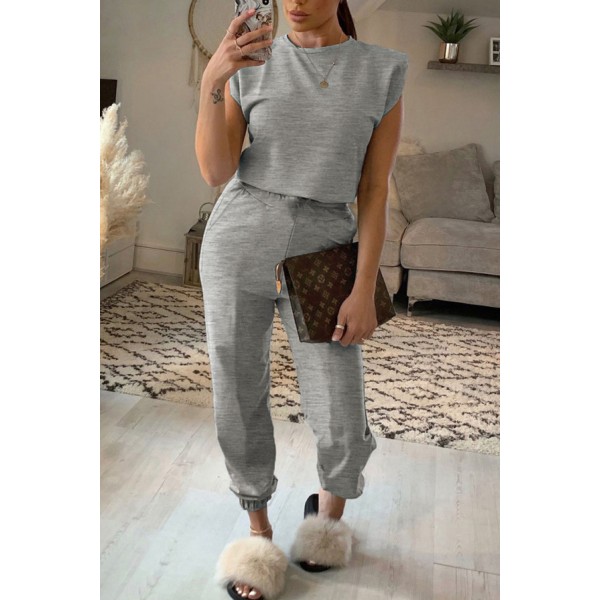 Gray Casual Knitted Sleeveless and Pants Set