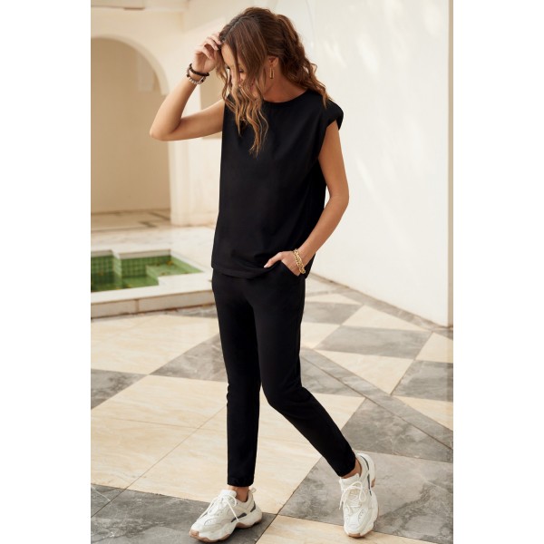 Black Casual Knitted Sleeveless and Pants Set