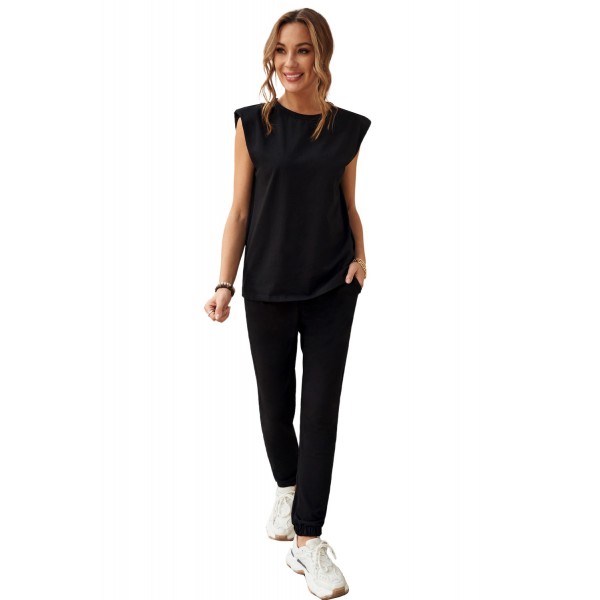 Black Casual Knitted Sleeveless and Pants Set