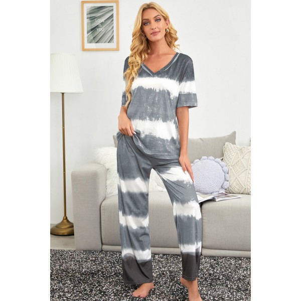 Gray Two-Piece Tie-dye V-Neck Top Elastic Waist Pants Set