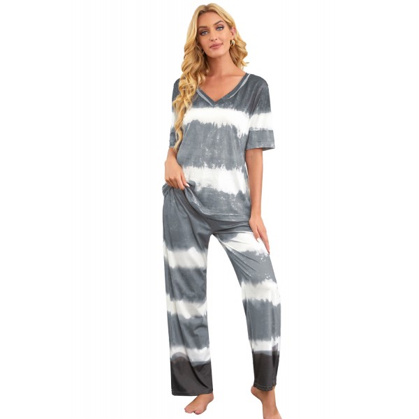 Gray Two-Piece Tie-dye V-Neck Top Elastic Waist Pants Set