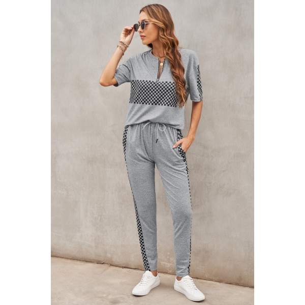 Gray Plaid Splicing Short Sleeve Top and Elastic Waist Pants Set