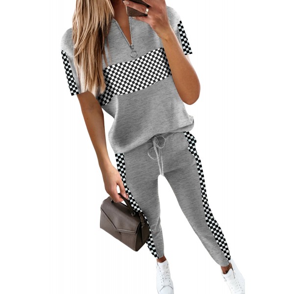 Gray Plaid Splicing Short Sleeve Top and Elastic Waist Pants Set