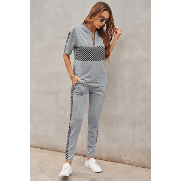 Gray Plaid Splicing Short Sleeve Top and Elastic Waist Pants Set