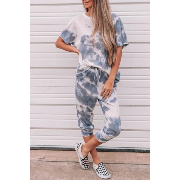 Tie-dyed Short Sleeve Top and Elastic Waist Pants Set