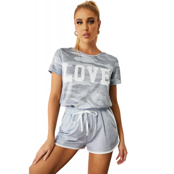 Gray Camo Letter Print T Shirt And Shorts Set