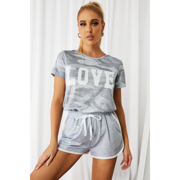 Gray Camo Letter Print T Shirt And Short...