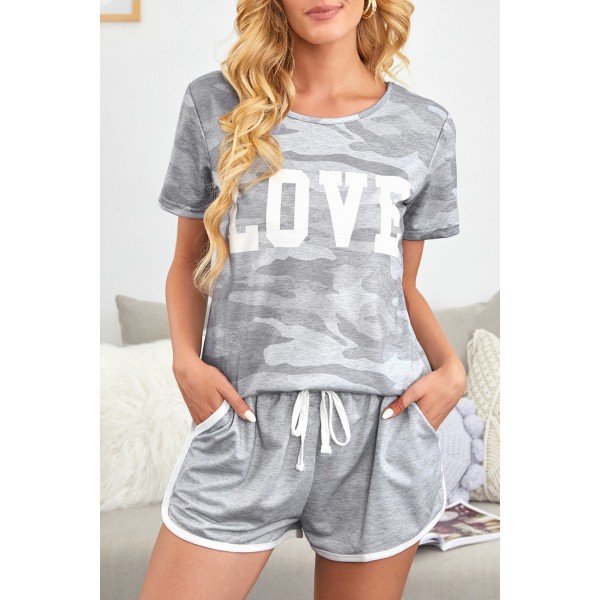 Gray Camo Letter Print T Shirt And Shorts Set