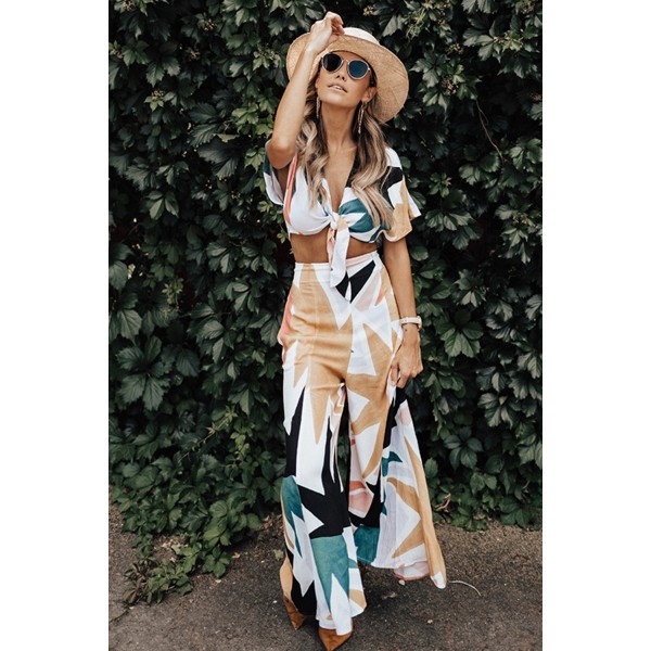 Tropical Print Crop Top and Flare Wide Leg Pants Set