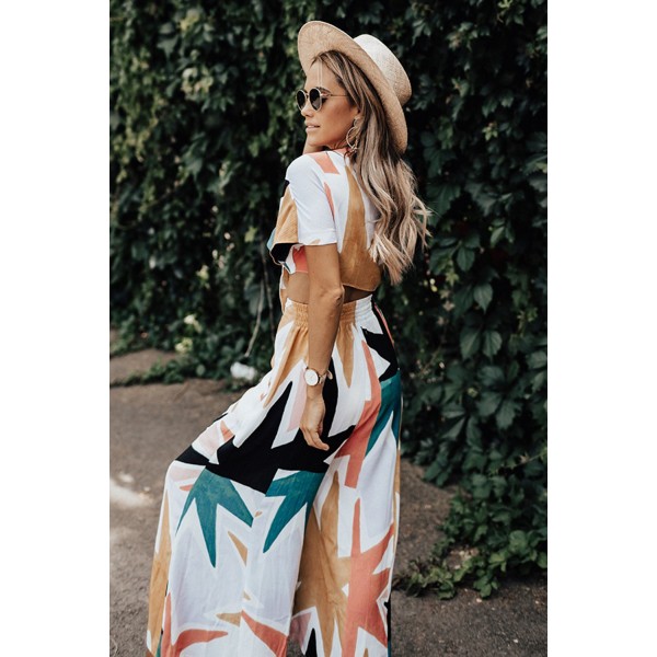 Tropical Print Crop Top and Flare Wide Leg Pants Set