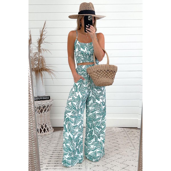 Leaves Print Cami Top Wide Leg Pants Set