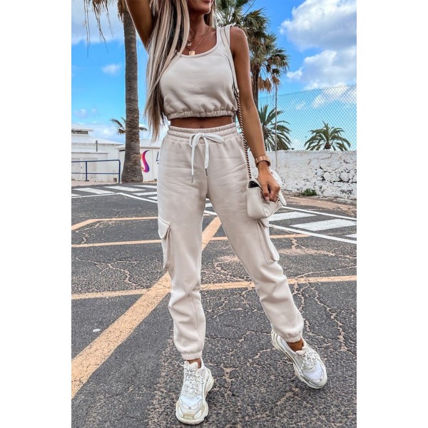 White Crop Tank and Pocketed Joggers Yoga Sports Wear