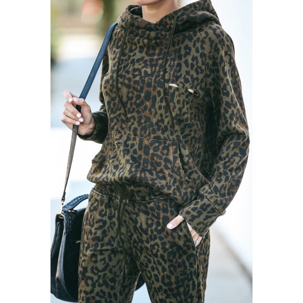 Green Leopard Cut Out Distressed Hooded Sports Wear