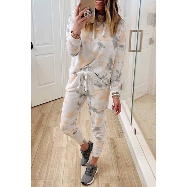 White Tie Dye Casual Hooded Top & Drawstring Pants Set