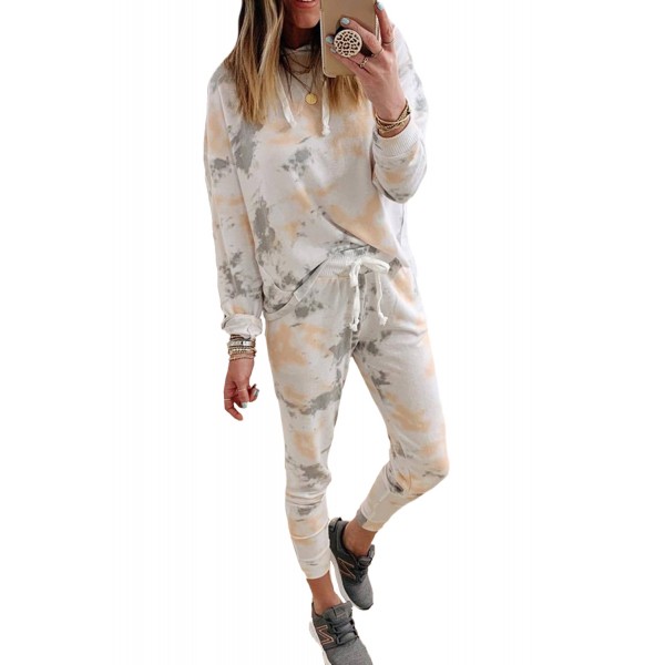 White Tie Dye Casual Hooded Top & Drawstring Pants Set