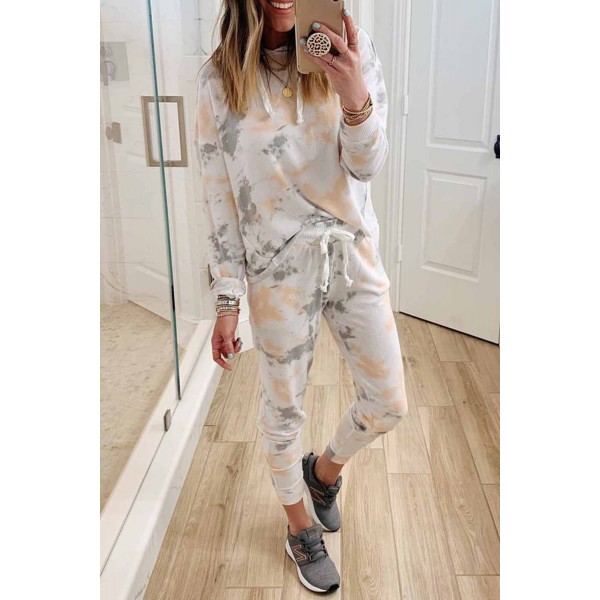 White Tie Dye Casual Hooded Top & Drawstring Pants Set